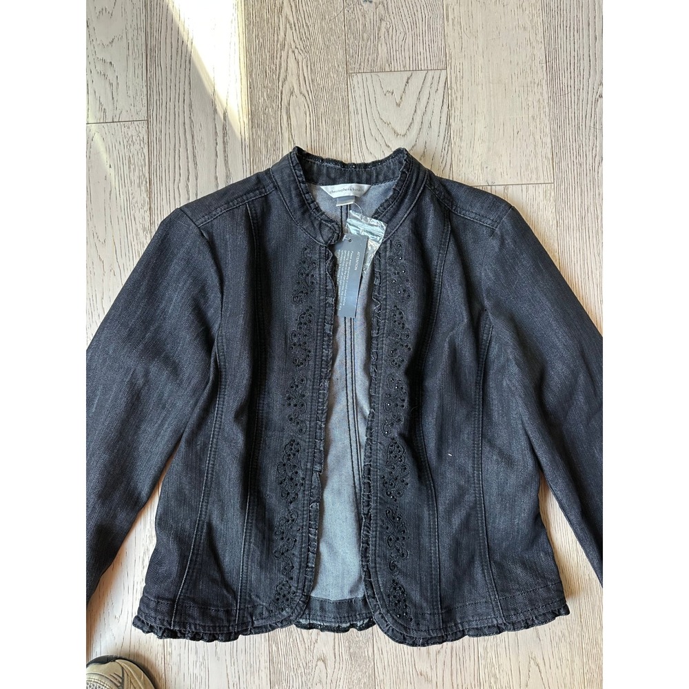 Christopher & Banks Womens Black Denim Jacket Embroidered Open Front S NWT